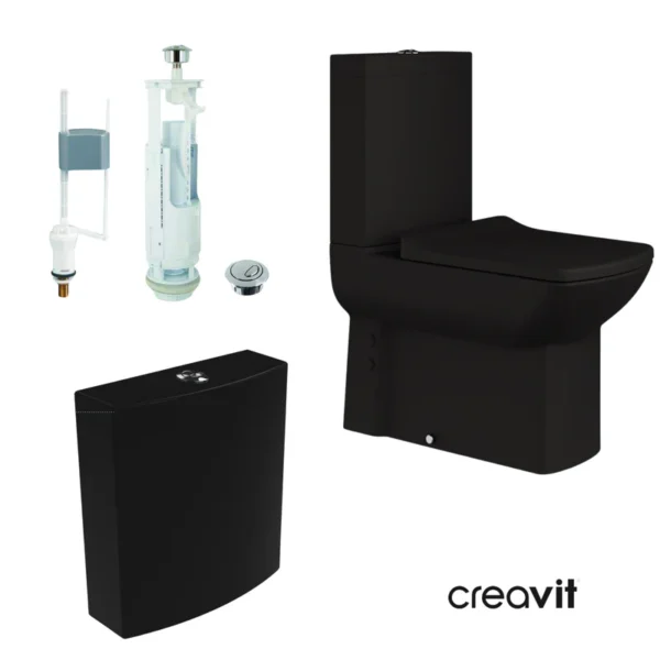Creavit Lara Takım Klozet Mat Siyah+Duroplast Kapak+Lara Rezervuar+Çift Basmalı İç Takım Set
