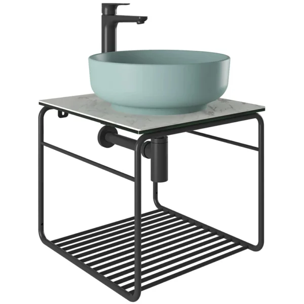 Kale Volo 45 Cm Yuvarlak Mat Adaçayı Yeşili Lavabolu Metal Banyo Mobilya Seti