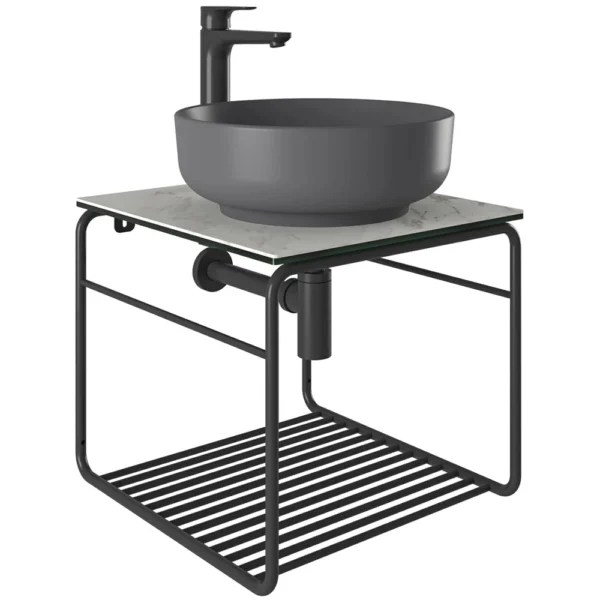 Kale Volo 45 Cm Yuvarlak Mat Antrasit Lavabolu Metal Banyo Mobilya Seti