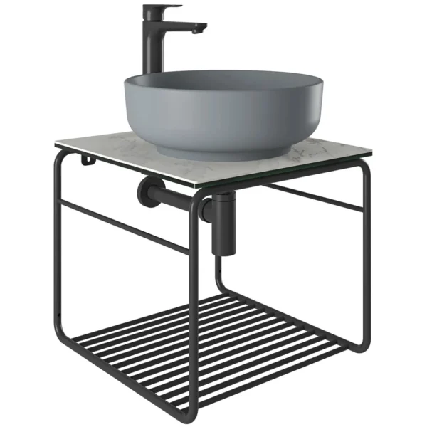 Kale Volo 45 Cm Yuvarlak Mat Gri Lavabolu Metal Banyo Mobilya Seti