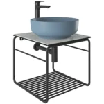 Kale Volo 45 Cm Yuvarlak Mat Mavi Lavabolu Metal Banyo Mobilya Seti