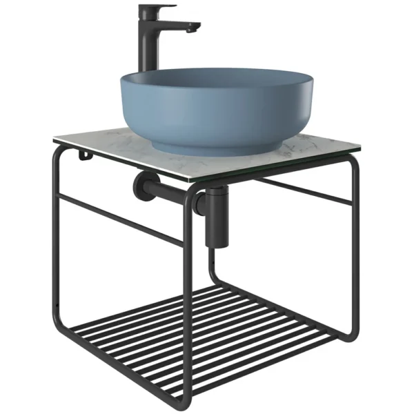 Kale Volo 45 Cm Yuvarlak Mat Mavi Lavabolu Metal Banyo Mobilya Seti