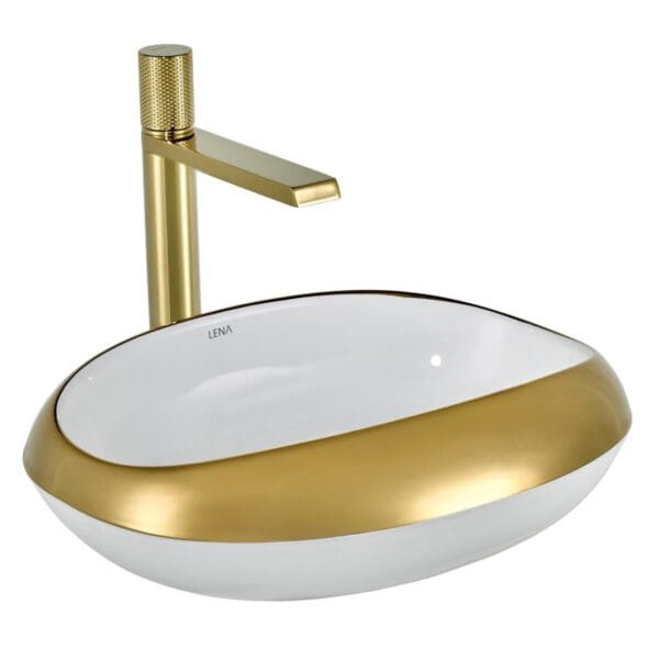 Lena EY-4710A Tezgah Üstü Lavabo Parlak Beyaz & Altın