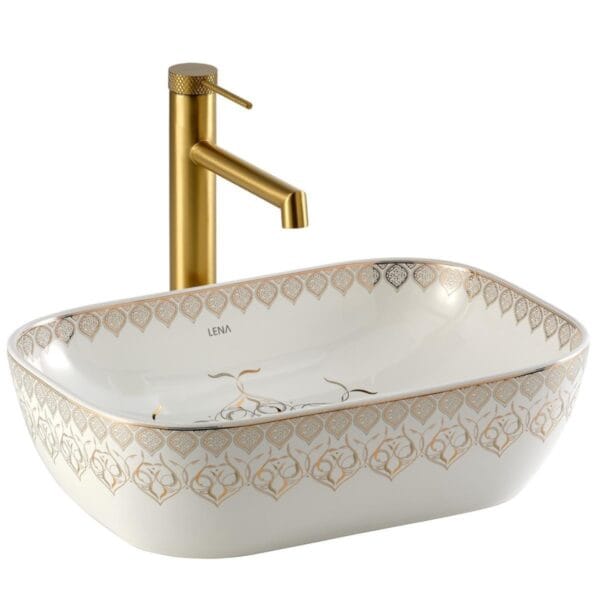 Lena EY-7033 Tezgah Üstü Lavabo Beyaz & Altın