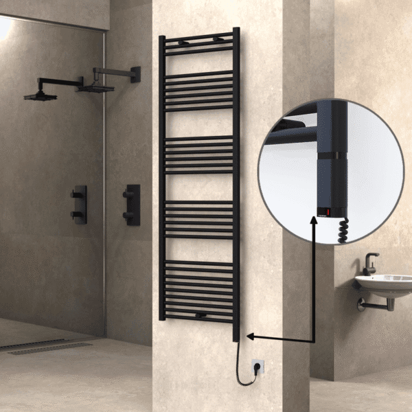 Radiva Haiti Elektrikli Havlupan 600x1800 Düz Siyah Mat (OneD On/Off ) Sağ 1000 Watt