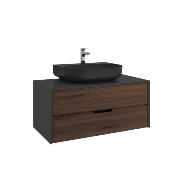 Kale Zero 2.0 Lavabo Dolabı 100 cm Antrasit/Ceviz Mat Sıyah Oval (Lavabo Dahil)