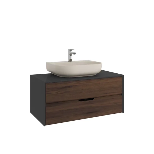 Kale Zero 2.0 Lavabo Dolabı 100 cm Antrasit/Ceviz Mat Vizon Oval (Lavabo Dahil)