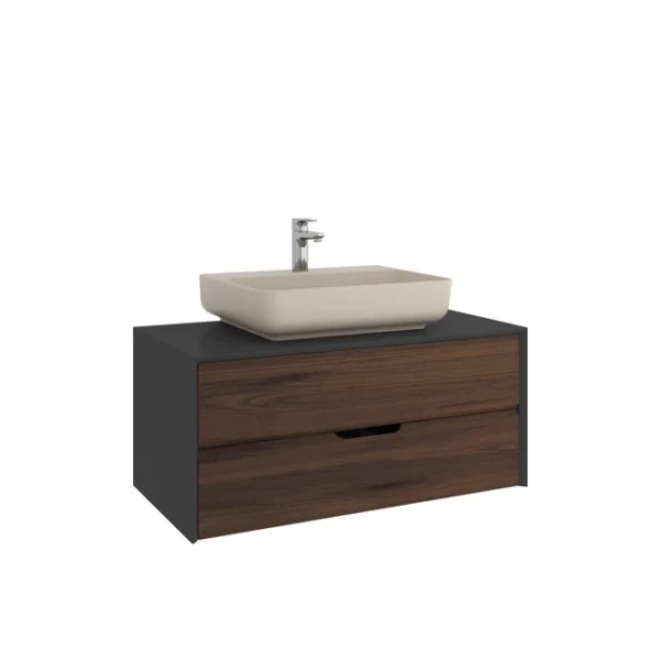 Kale Zero 2.0 Lavabo Dolabı 100 cm Antrasit/Ceviz Mat Vizon Dikdörtgen (Lavabo Dahil)