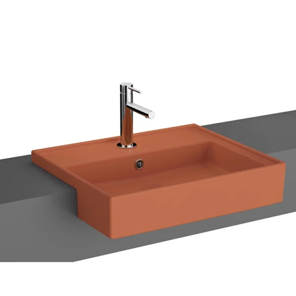 Vitra Archiplan Yarım Tezgah Lavabo 55x46 cm Tek Armatür Delikli, Su Taşma Delikli, Mat Terra Rosa