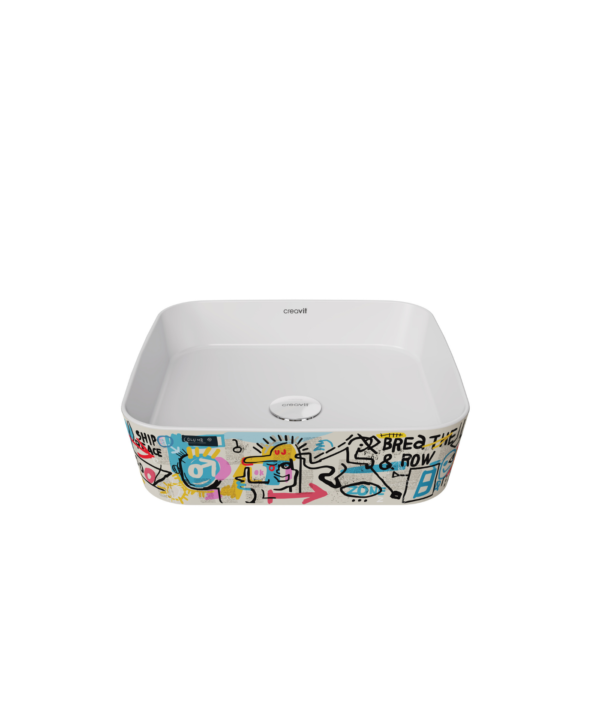 Creavit Loop Gen-Z Kare 40 cm Masa Üstü İnce Lavabo Grafiti Baskı Extra Beyaz