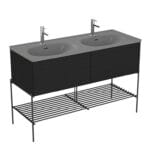 VitrA Equal Lavabo Dolabı, 130 cm, İki Çekmeceli, Çift Hazneli Gri Lavabolu, Metal Ayaklı, Hareli Siyah Meşe - Görsel 2