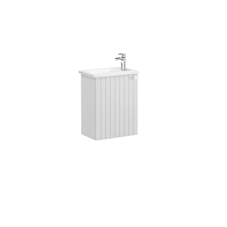07158b76f6b6ae279c0aa31531800522a21a33da-1.jpg VitrA Root Groove Lavabo Dolabı, 45 cm, Bir Kapaklı, Dar, Köşeli Lavabo, Mat Açık Gri, Sol - Görsel 1