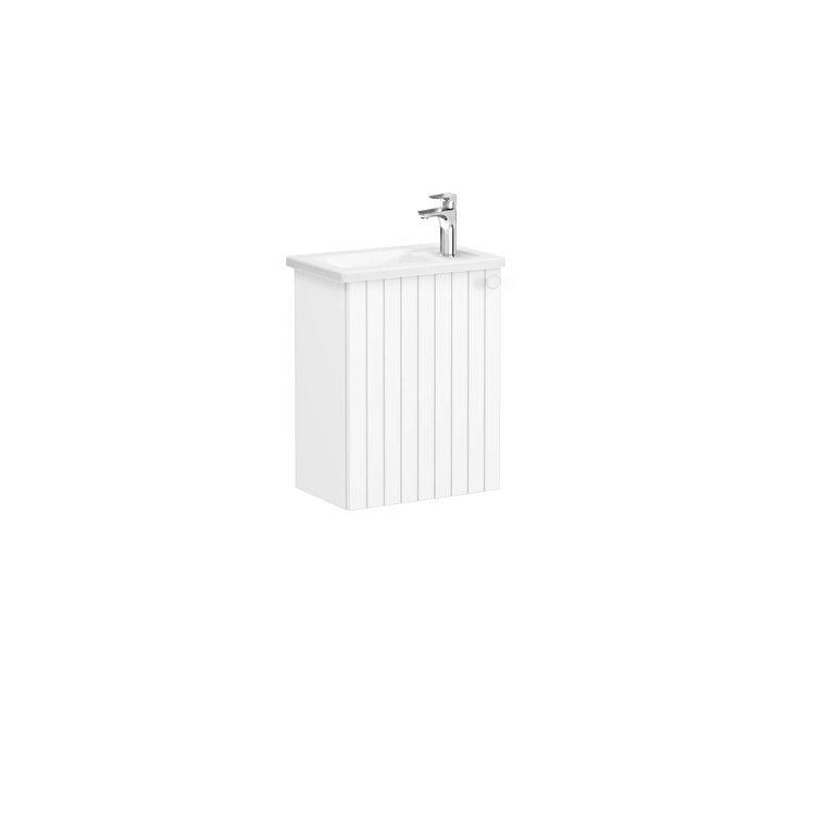 099e99b1d171c8654aa567d98691915f5c4f65d0-1.jpg VitrA Root Groove Lavabo Dolabı, 45 cm, Bir Kapaklı, Dar, Köşeli Lavabo, Mat Beyaz, Sol - Görsel 1