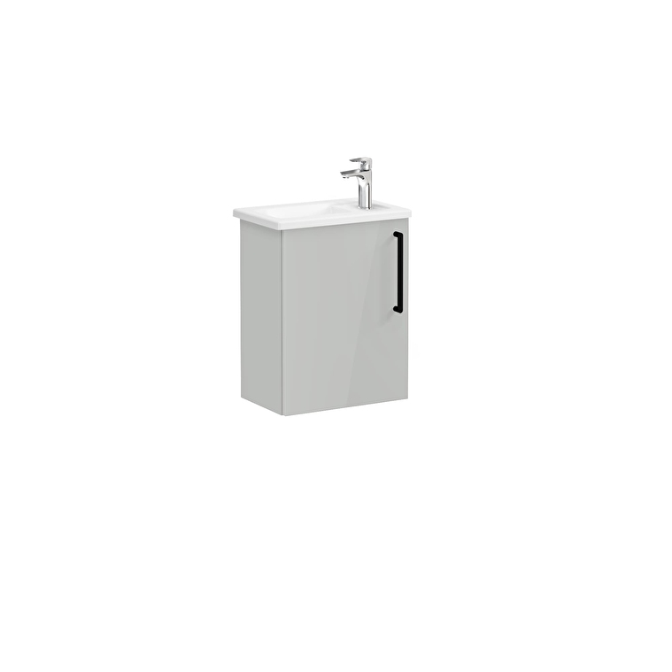 0d70ab2a35d9465b171b3340ab36e079323698fc-1.jpg VitrA Root Flat Lavabo Dolabı, 45 cm, Bir Kapaklı, Dar, Köşeli Lavabo, Parlak İnci Grisi, Sol - Görsel 1
