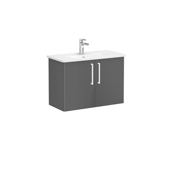 VitrA Root Flat Lavabo Dolabı, 80 cm, İki Kapaklı, Dar, Yuvarlak Lavabo, Parlak Antrasit