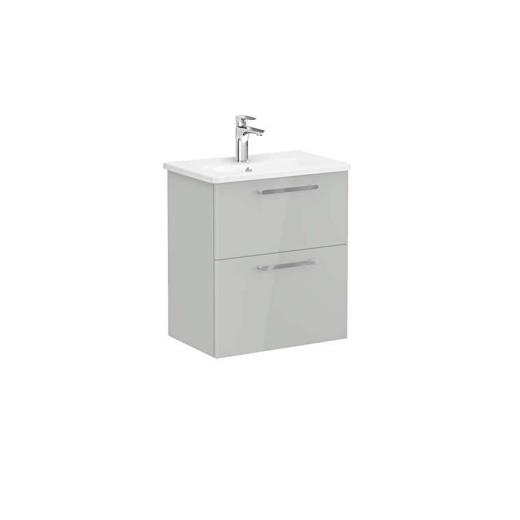 1e7eb53271b5476ce58c7ada53ff409ca402f438-1.jpg VitrA Root Flat Lavabo Dolabı, 60 cm, İki Çekmeceli, Dar, Yuvarlak Lavabo, Parlak İnci Grisi - Görsel 1
