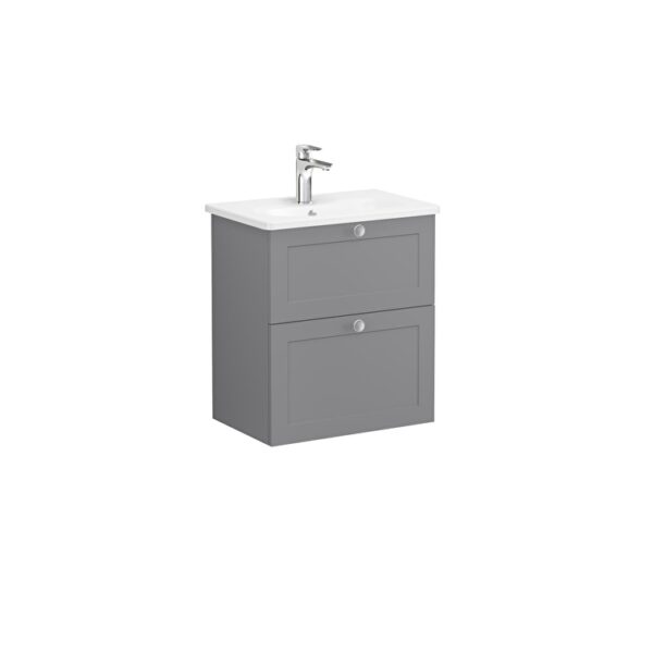VitrA Root Classic Lavabo Dolabı, 60 cm, İki Çekmeceli, Dar, Yuvarlak Lavabo, Mat Gri