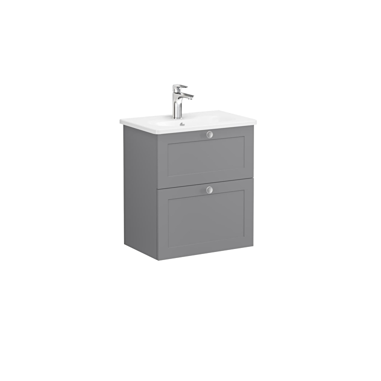 24a45f1952d1d8a1116b1c98314cad1202960d2e-1.jpg VitrA Root Classic Lavabo Dolabı, 60 cm, İki Çekmeceli, Dar, Yuvarlak Lavabo, Mat Gri - Görsel 1