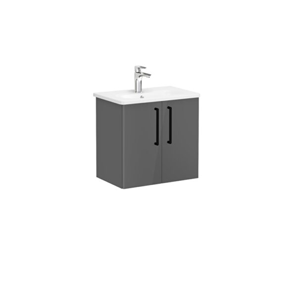 VitrA Root Flat Lavabo Dolabı, 60 cm, İki Kapaklı, Dar, Yuvarlak Lavabo, Parlak Antrasit