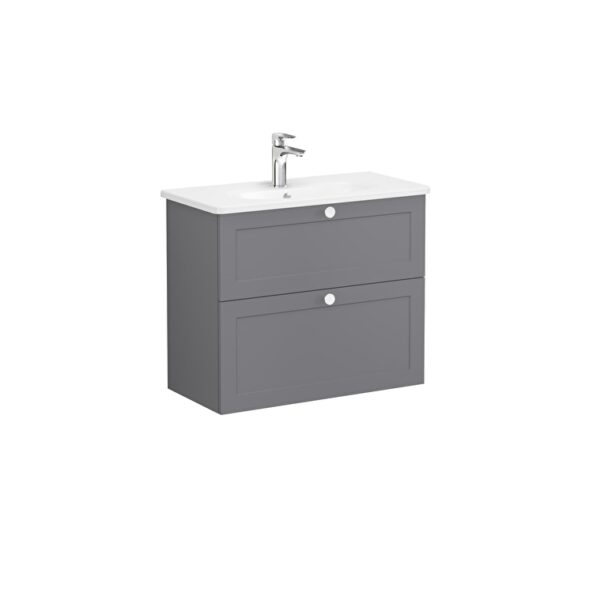 VitrA Root Classic Lavabo Dolabı, 80 cm, İki Çekmeceli, Dar, Yuvarlak Lavabo, Mat Gri