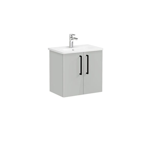 VitrA Root Flat Lavabo Dolabı, 60 cm, İki Kapaklı, Dar, Yuvarlak Lavabo, Parlak İnci Grisi