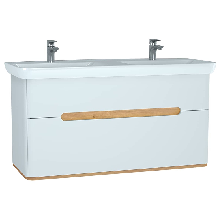 61187_49d86c2419b59036fcb37ea97c7c8b81c367db9a-1.jpg VitrA Sento Lavabo Dolabı, 130 cm, İki Çekmeceli, Çift Hazneli Lavabolu, Aydınlatmalı, Mat Beyaz - Görsel 1