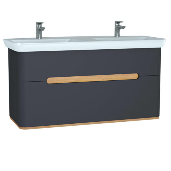 VitrA Sento Lavabo Dolabı, 130 cm, İki Çekmeceli, Çift Hazneli Lavabolu, Aydınlatmalı, Mat Antrasit