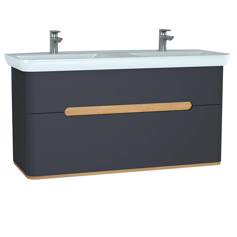 61189_4ec2edad06c0c893d8545c05d4b3cf01b9952d60-1.jpg VitrA Sento Lavabo Dolabı, 130 cm, İki Çekmeceli, Çift Hazneli Lavabolu, Aydınlatmalı, Mat Antrasit - Görsel 1