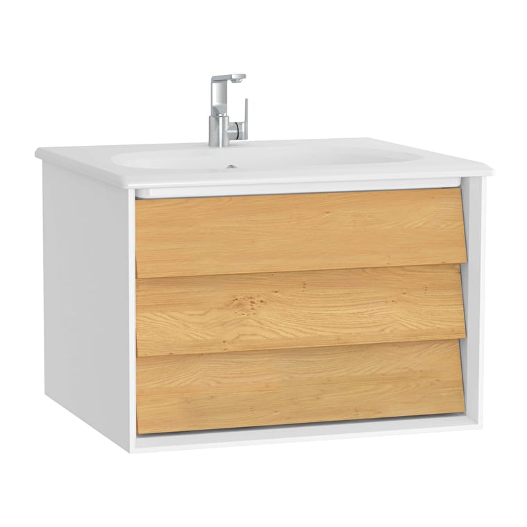 61216_7a3580e9243553b4b6586935565fd2ba9ddf0478-1.jpg VitrA Frame Lavabo Dolabı, 60 cm, Bir Çekmeceli, Beyaz Etajerli Lavabolu, Mat Soft Beyaz & Dore Meşe - Görsel 1