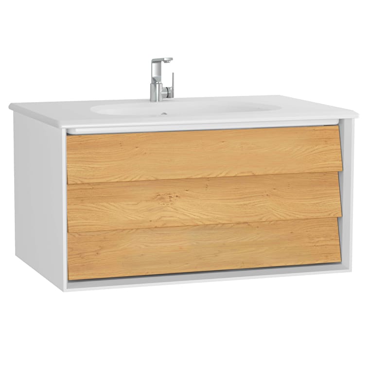 61220_b2bed06a0a6c8ccd010d9e27ae81a734d4d811d1-1.jpg VitrA Frame Lavabo Dolabı, 80 cm, Bir Çekmeceli, Beyaz Etajerli Lavabolu, Mat Soft Beyaz & Dore Meşe - Görsel 1