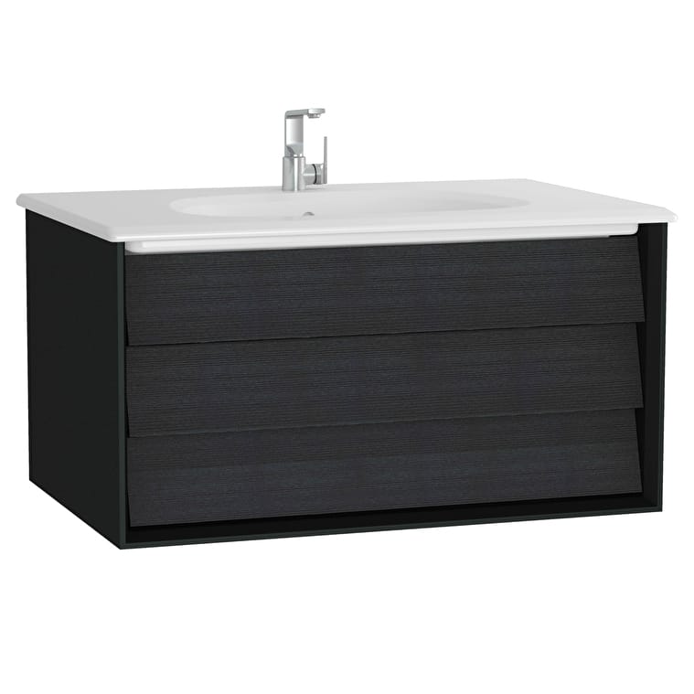 61221_a837073bc737923f94576a8dc18d4b69366b4d1b-1.jpg VitrA Frame Lavabo Dolabı, 80 cm, Bir Çekmeceli, Beyaz Etajerli Lavabolu, Mat Soft Siyah & Hareli Siyah Meşe - Görsel 1