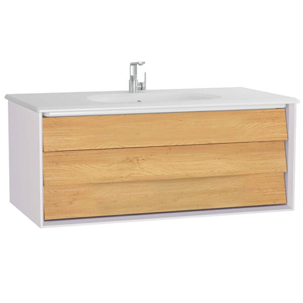 VitrA Frame Lavabo Dolabı, 100 cm, Bir Çekmeceli, Beyaz Etajerli Lavabolu, Mat Soft Beyaz & Dore Meşe
