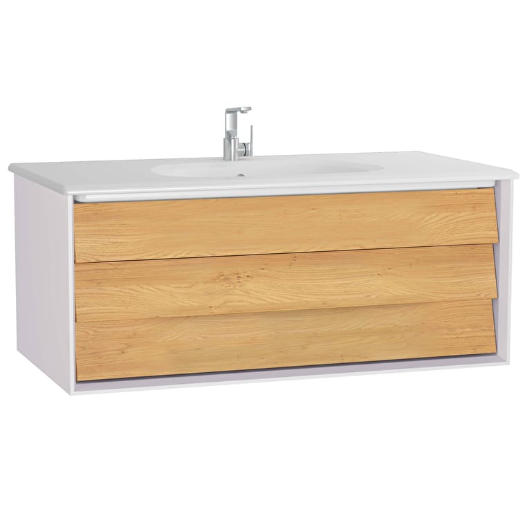61224_580b8f0bd34b584e71cb2d32b73df5a9b7840c2b-1.jpg VitrA Frame Lavabo Dolabı, 100 cm, Bir Çekmeceli, Beyaz Etajerli Lavabolu, Mat Soft Beyaz & Dore Meşe - Görsel 1