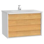 VitrA Frame Lavabo Dolabı, 80 cm, İki Çekmeceli, Beyaz Etajerli Lavabolu, Mat Soft Beyaz & Dore Meşe