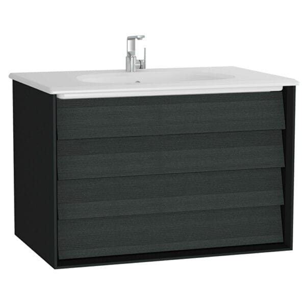 VitrA Frame Lavabo Dolabı, 80 cm, İki Çekmeceli, Beyaz Etajerli Lavabolu, Mat Soft Siyah & Hareli Siyah Meşe