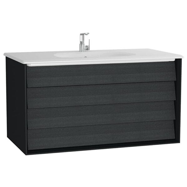 VitrA Frame Lavabo Dolabı, 100 cm, İki Çekmeceli, Beyaz Etajerli Lavabolu, Mat Soft Siyah & Hareli Siyah Meşe