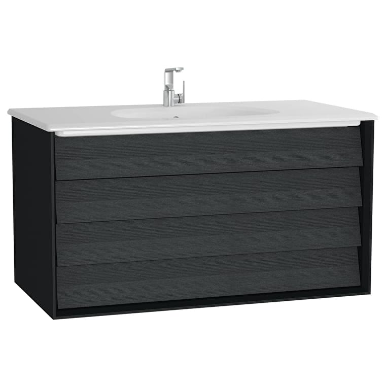 61233_74d41fce7fcb53a84514da73d85d610c4dc1c331-1.jpg VitrA Frame Lavabo Dolabı, 100 cm, İki Çekmeceli, Beyaz Etajerli Lavabolu, Mat Soft Siyah & Hareli Siyah Meşe - Görsel 1