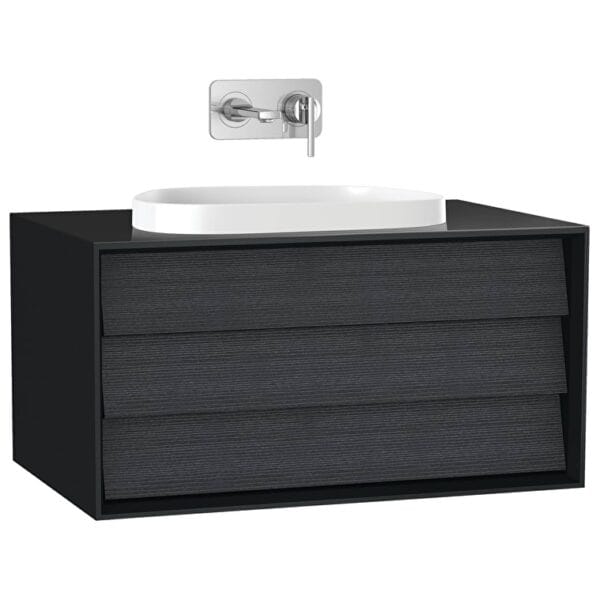 VitrA Frame Lavabo Dolabı, 80 cm, Bir Çekmeceli, Tezgahüstü Tv-Shape Lavabolu, Armatür Deliksiz, Mat Soft Siyah & Hareli Siyah Meşe