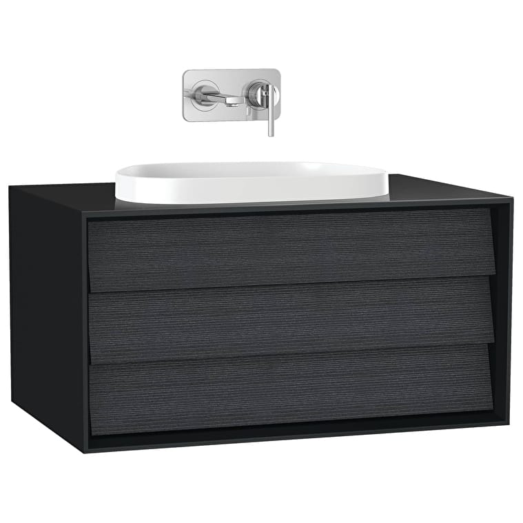 61455_37b625001b7039c0f06835c9c40d65b42ced5f33-1.jpg VitrA Frame Lavabo Dolabı, 80 cm, Bir Çekmeceli, Tezgahüstü Tv-Shape Lavabolu, Armatür Deliksiz, Mat Soft Siyah & Hareli Siyah Meşe - Görsel 1