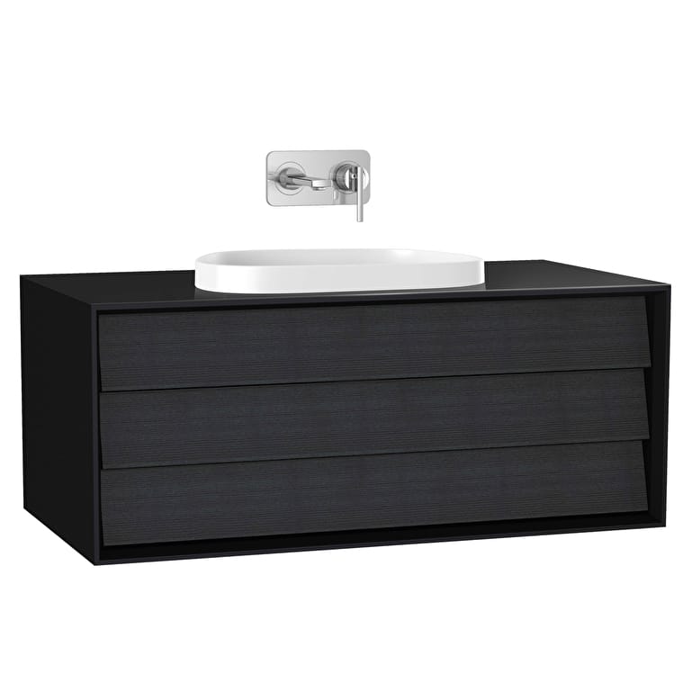 61458_f1fa39fffc8ec68ecf3b61a32d5e77674132ef09-1.jpg VitrA Frame Lavabo Dolabı, 100 cm, Bir Çekmeceli, Tezgahüstü Tv-Shape Lavabolu, Armatür Deliksiz, Mat Soft Siyah & Hareli Siyah Meşe - Görsel 1