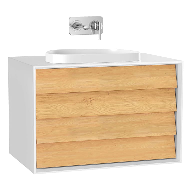 61463_d4f35d5c9f0548eb25ea05a40a7b22f85714126c-1.jpg VitrA Frame Lavabo Dolabı, 80 cm, İki Çekmeceli, Tezgahüstü Tv-Shape Lavabolu, Armatür Deliksiz, Mat Soft Beyaz & Dore Meşe - Görsel 1