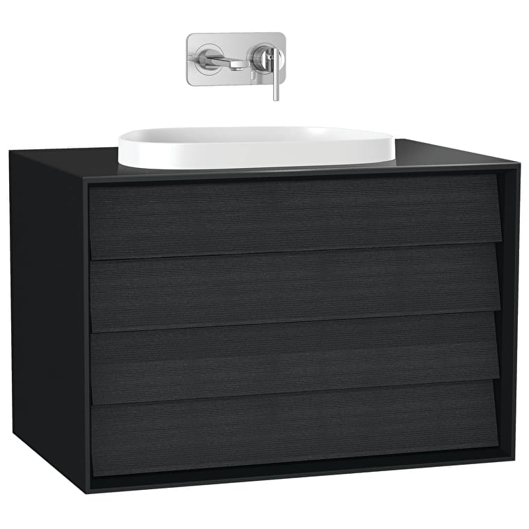 61464_5ae4e3d1b0609f81e15cc5c4db4e702e635505a1-1.jpg VitrA Frame Lavabo Dolabı, 80 cm, İki Çekmeceli, Tezgahüstü Tv-Shape Lavabolu, Armatür Deliksiz, Mat Soft Siyah & Hareli Siyah Meşe - Görsel 1