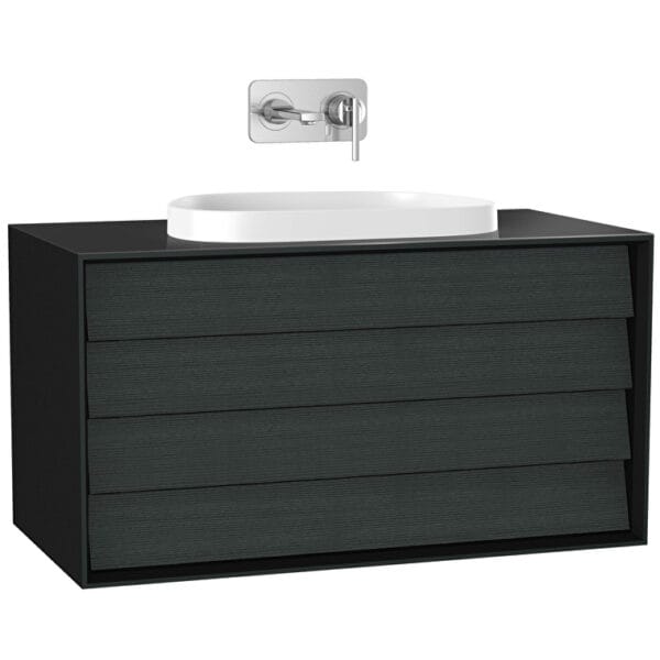 VitrA Frame Lavabo Dolabı, 100 cm, İki Çekmeceli, Tezgahüstü Tv-Shape Lavabolu, Armatür Deliksiz, Mat Soft Siyah & Hareli Siyah Meşe