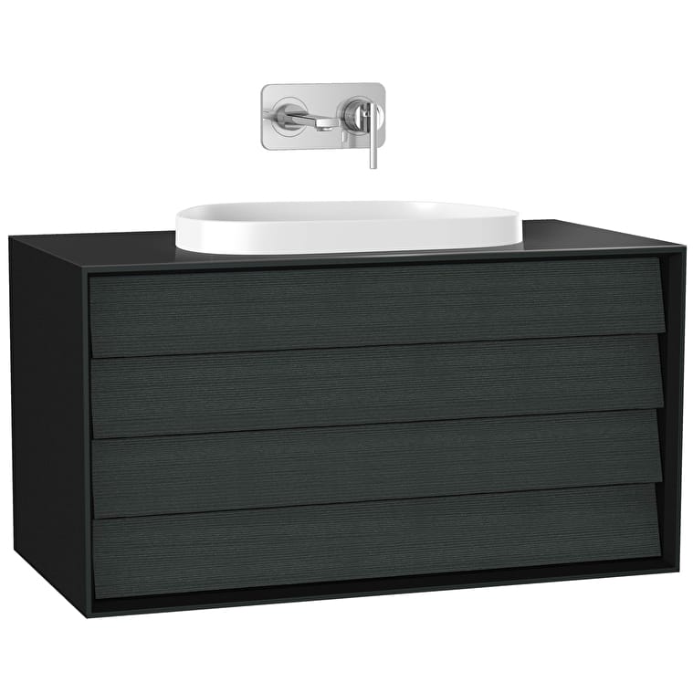 61467_b838ffdc9d6919fa8b6a082b17f286872a296a63-1.jpg VitrA Frame Lavabo Dolabı, 100 cm, İki Çekmeceli, Tezgahüstü Tv-Shape Lavabolu, Armatür Deliksiz, Mat Soft Siyah & Hareli Siyah Meşe - Görsel 1