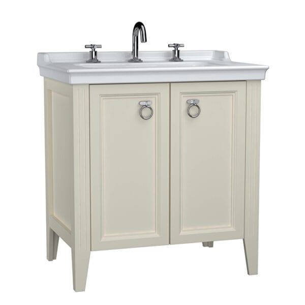 VitrA Valarte Lavabo Dolabı, 80 cm, İki Kapaklı, Etajerli Lavabolu, Üç Armatür Delikli, Mat Fildişi