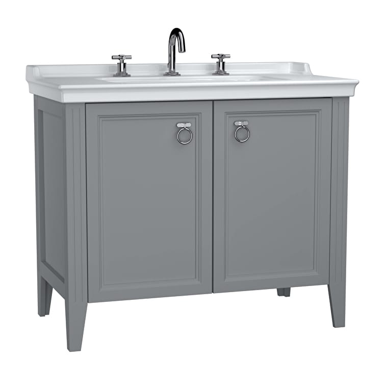 62166_3a461021e6ca5a7f46105489812c52fd71d4d819-1.jpg VitrA Valarte Lavabo Dolabı, 100 cm, İki Kapaklı, Etajerli Lavabolu, Üç Armatür Delikli, Mat Gri - Görsel 1