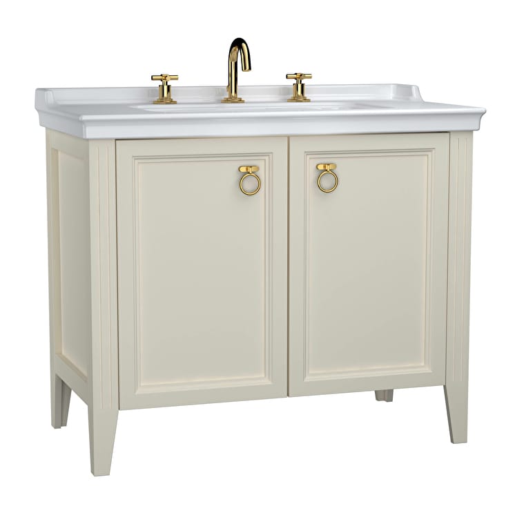 62167_fc6e60844da90e7bdc275b63a2eecba9498627da-1.jpg VitrA Valarte Lavabo Dolabı, 100 cm, İki Kapaklı, Etajerli Lavabolu, Üç Armatür Delikli, Mat Fildişi - Görsel 1
