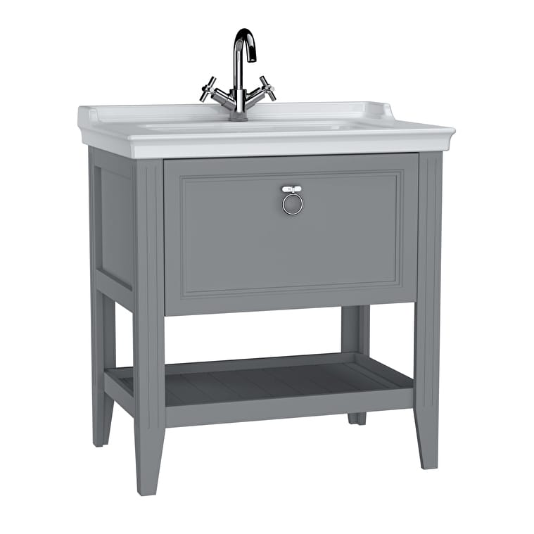 62181_5b445ef36fa8b5719a1dce98c671631970e2c0eb-1.jpg VitrA Valarte Lavabo Dolabı, 80 cm, Bir Çekmeceli, Etajerli Lavabolu, Mat Gri - Görsel 1
