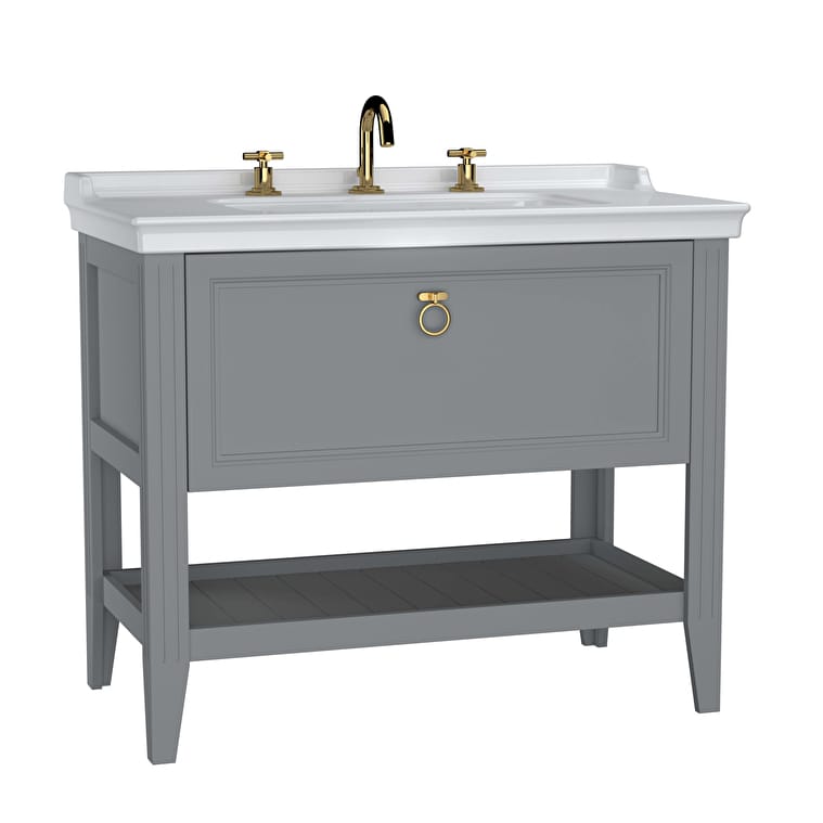 62193_e65a73c76b5983f966a04178e401ab70f047b5d3-1.jpg VitrA Valarte Lavabo Dolabı, 100 cm, Bir Çekmeceli, Etajerli Lavabolu, Üç Armatür Delikli, Mat Gri - Görsel 1