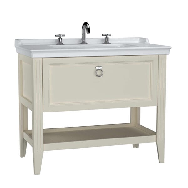VitrA Valarte Lavabo Dolabı, 100 cm, Bir Çekmeceli, Etajerli Lavabolu, Üç Armatür Delikli, Mat Fildişi